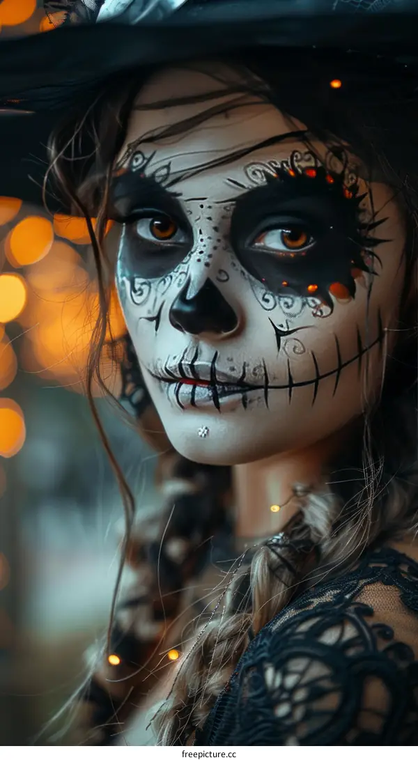 A young woman with a skull painted on her face