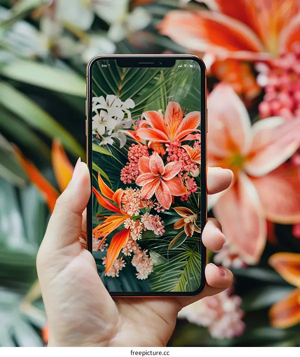 Hand Holding Smartphone With Floral Screen Background