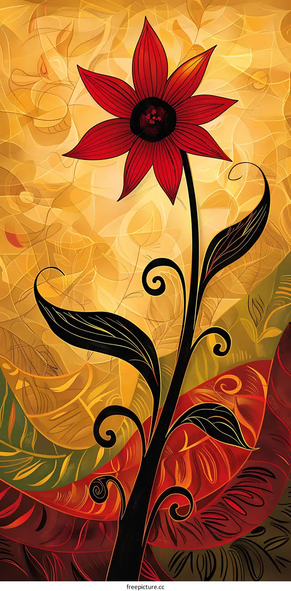 Abstract Flower Illustration with Red Yellow and Green Colors