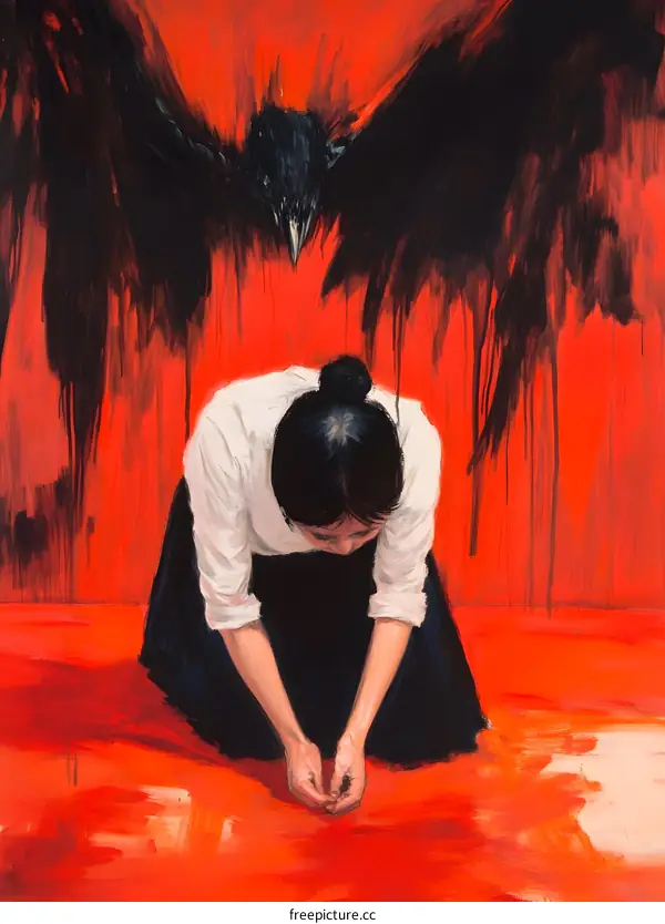 Woman Kneeling Under the Shadow of a Black Bird