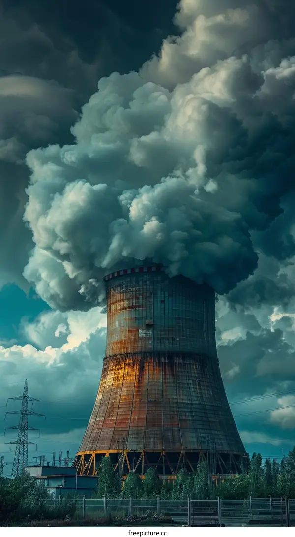 A large concrete cooling tower with a large plume of smoke billowing from the top
