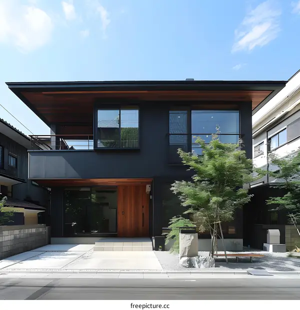 Modern Black House with Wooden Accents and Gravel Landscaping