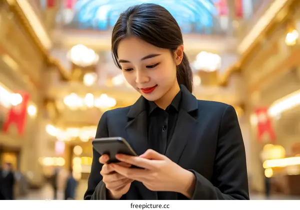 Young Asian Woman Using Smartphone in Modern Building