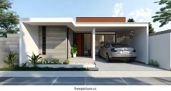 Modern Minimalist Home Exterior Design With A Car Parked In The Driveway