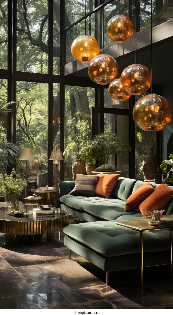 A stylish living room with a large glass window and a green sofa