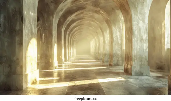Sunlight Streaming Through Arches in a Long Empty Corridor