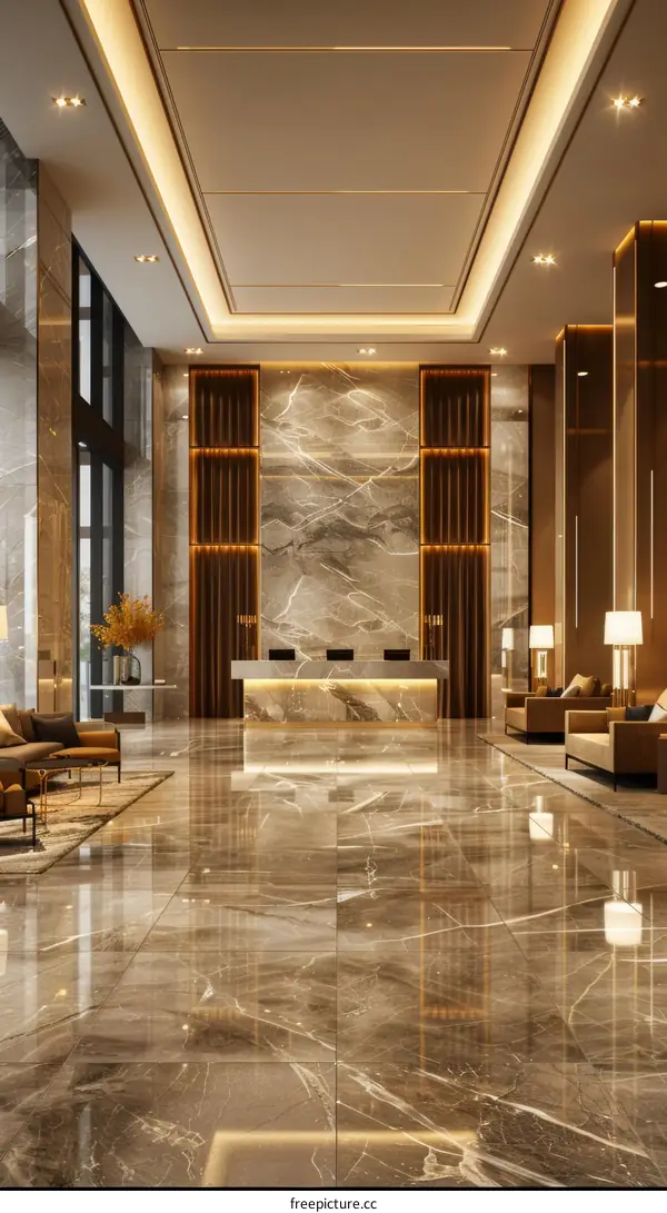 Modern hotel lobby interior with marble walls and golden accents