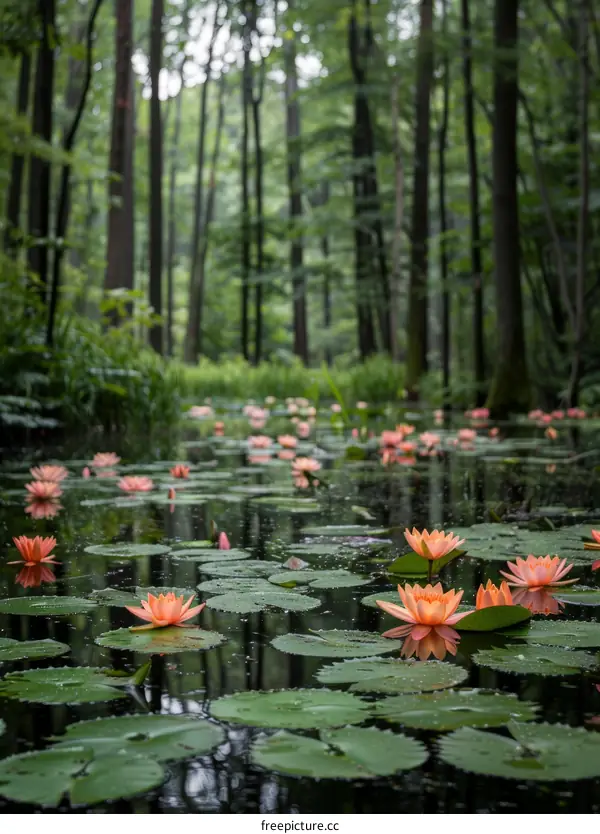Orange Water Lilies Blooming Amidst the Forest