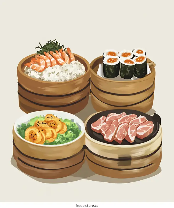 Four Wooden Steaming Baskets with Different Dishes