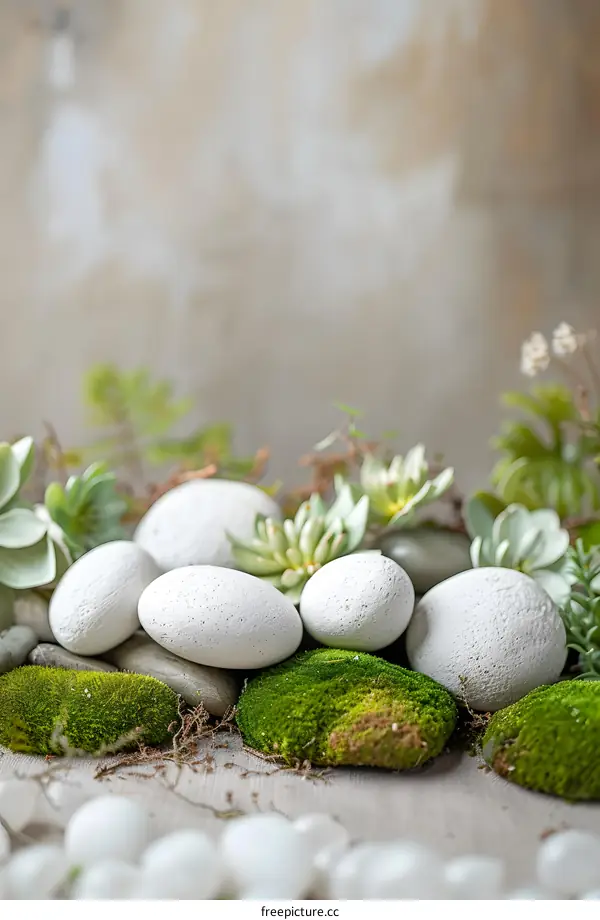 White Stones And Green Moss On A Brown Background