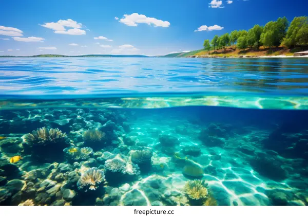 Underwater Split View of Lush Coral Reef and Tropical Beach with Vibrant Fish