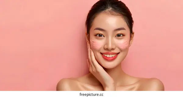Asian Woman with Pink Face Mask Smiling