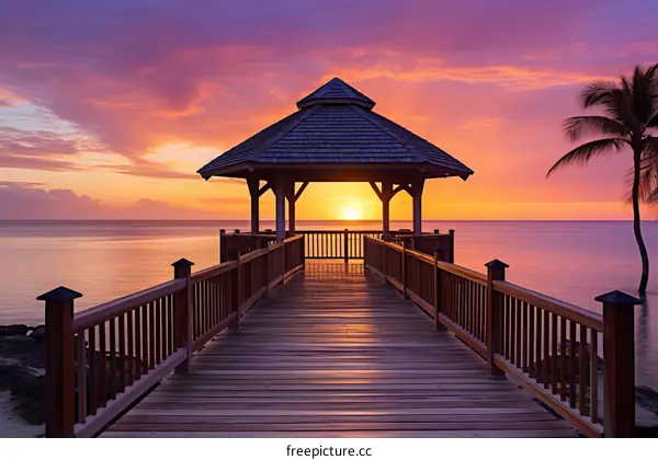 Wooden dock leading to a gazebo over calm water at sunset