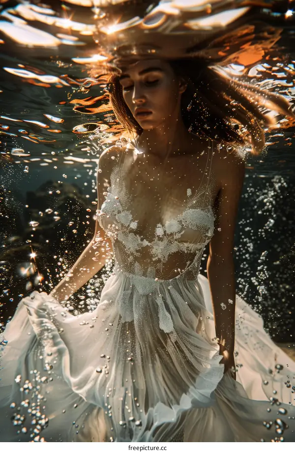 A Woman in a White Dress Underwater