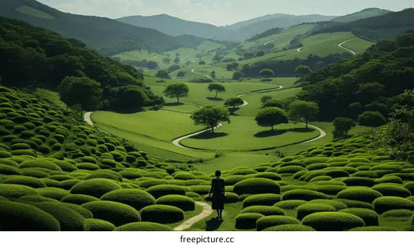 A woman standing alone in a lush green field of tea plants