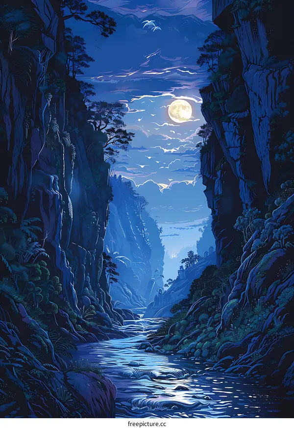 Blue Moon Landscape Illustration