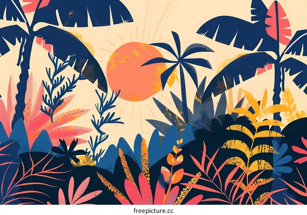 Tropical Sunset Illustration with Palm Trees and Plants