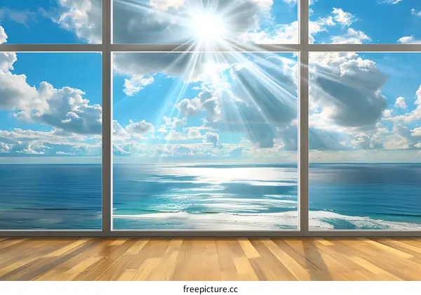 Ocean View Through Window with Sun Rays