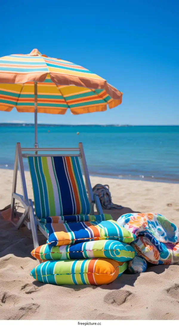 Beach relaxation with colorful beach chair and umbrella