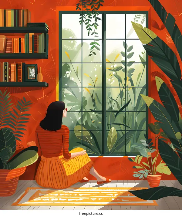 A woman is sitting on the floor in front of a window. There are many plants in the room.