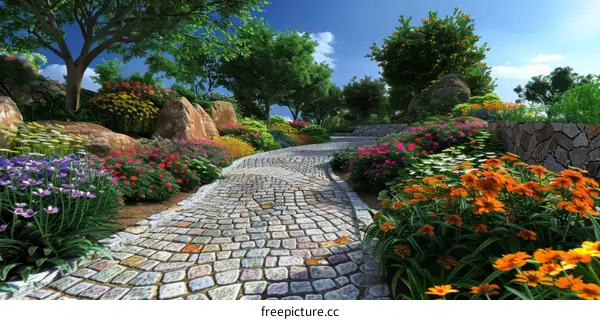 winding garden path with colorful flowers and green plants