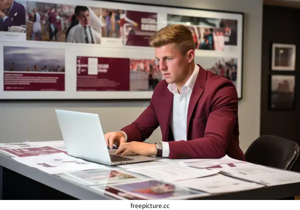 Young professional working on laptop in creative office space