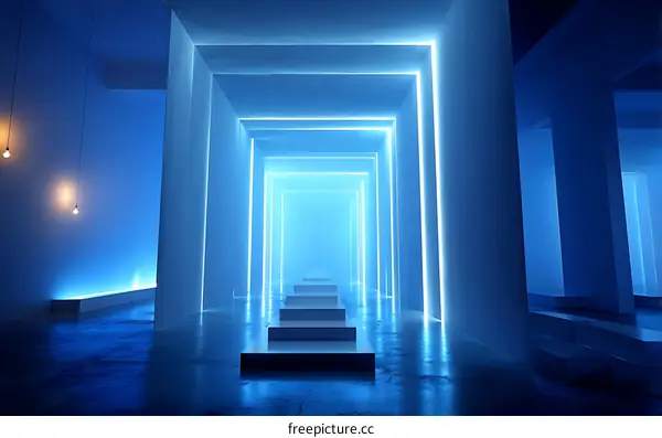 Neon Light Corridor with Steps and White Walls