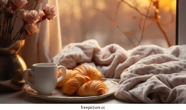A cozy breakfast nook with a cup of coffee and croissants