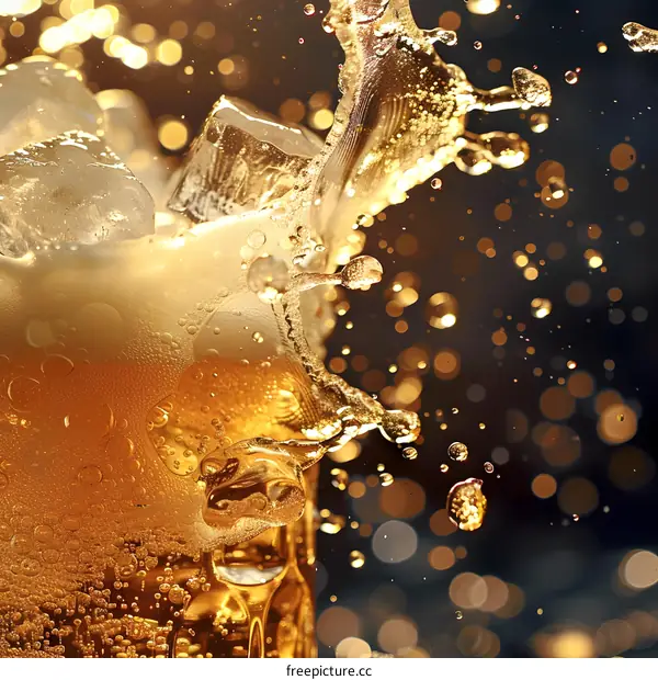 Closeup of Cold Beer with Ice Cubes and Splash