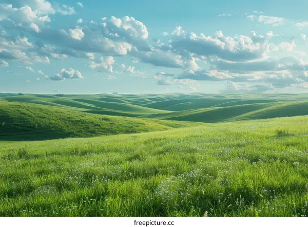 Green rolling hills under blue sky with white clouds