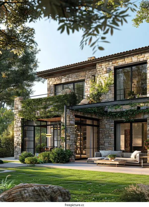Modern Two-Story Stone House with Terrace
