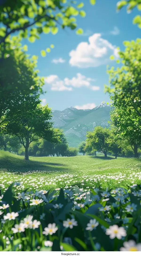 Serene Meadow with White Flowers and Trees
