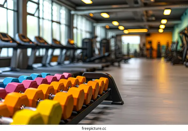 A variety of colorful dumbbells sit on a rack in a nearly empty gym with exercise equipment in the background.