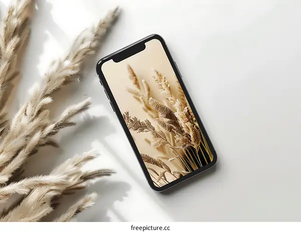 Minimalist Smartphone Display with Dried Pampas Grass