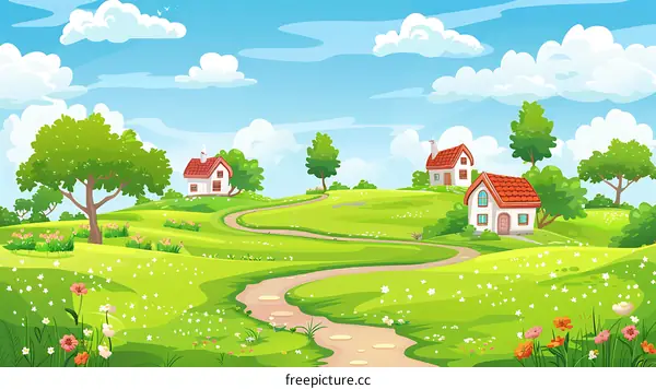Cartoon Illustration of Green Landscape with Houses