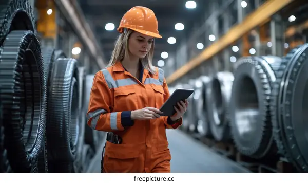 Female Engineer Working in a Factory Warehouse