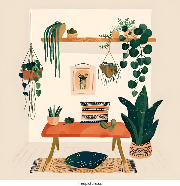 Hand Drawn Illustration of a Cozy Living Room with Plants