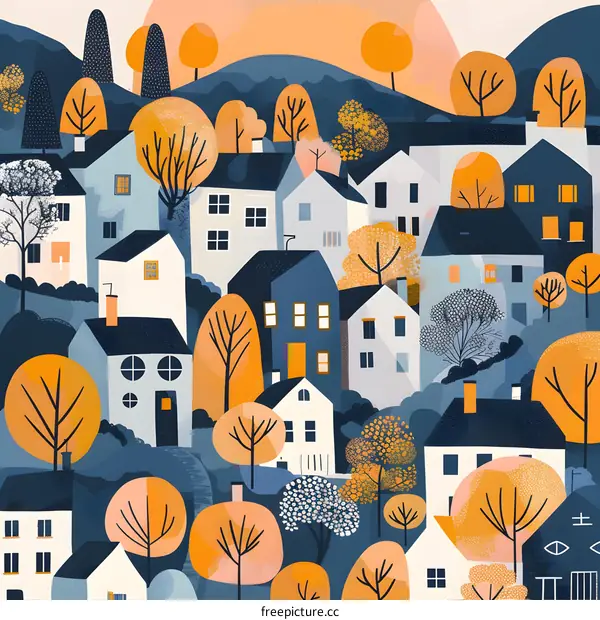 Colorful Illustration of a Town with Houses and Trees