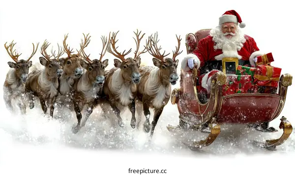 Santa Claus with Reindeer Flying in the Snow