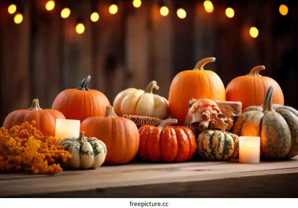 A beautiful still life of pumpkins and gourds on a wooden table.