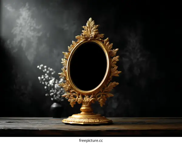 Golden Decorative Ornate Mirror on Wooden Table