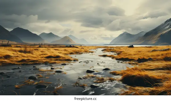 A river flowing through a valley with mountains in the background