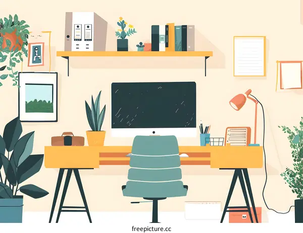 Modern Home Office Workspace with Computer, Desk, Plants, and Books