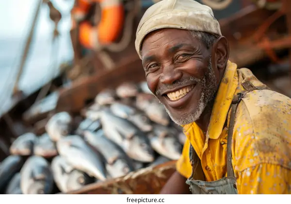 Portrait of a smiling African fisherman with a boat full of fish