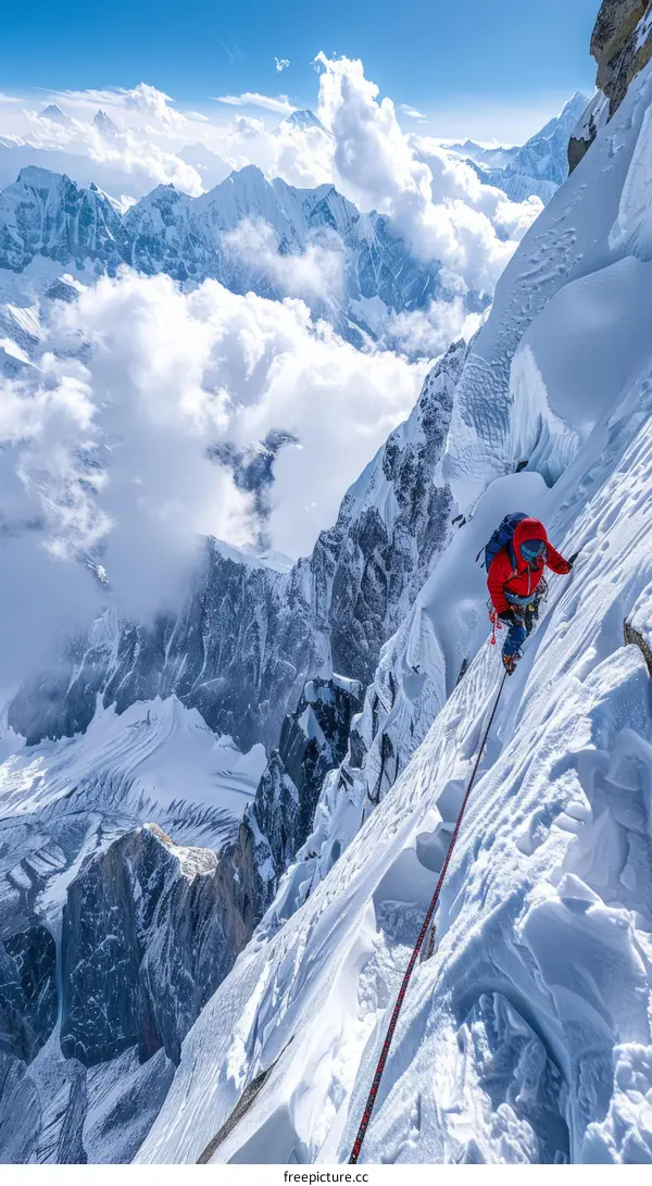 A lone climber on a steep snow slope in the Himalayas.