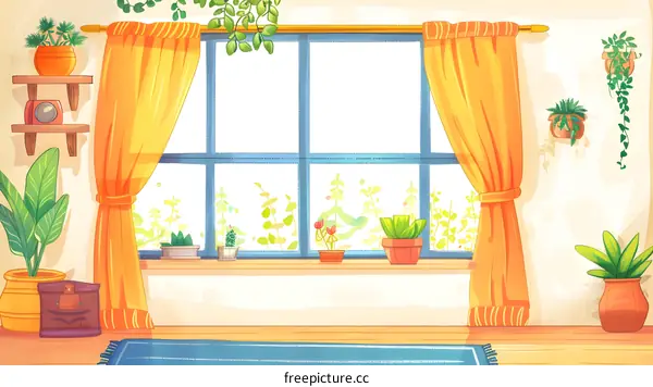 Window With Yellow Curtains And Plants Illustration
