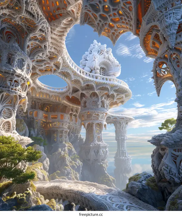 Surreal fantasy landscape with a temple on a cliff overlooking the ocean