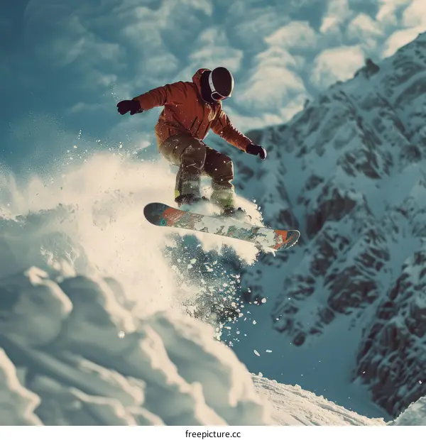 Man snowboarding down a mountain slope and jumping over a snowy hill