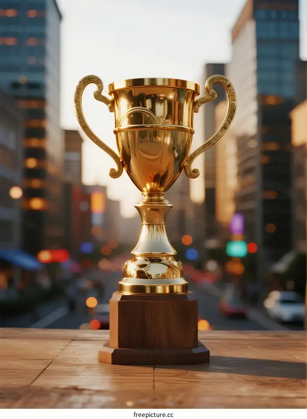 Golden Trophy Standing on Urban Street with Blurred Background