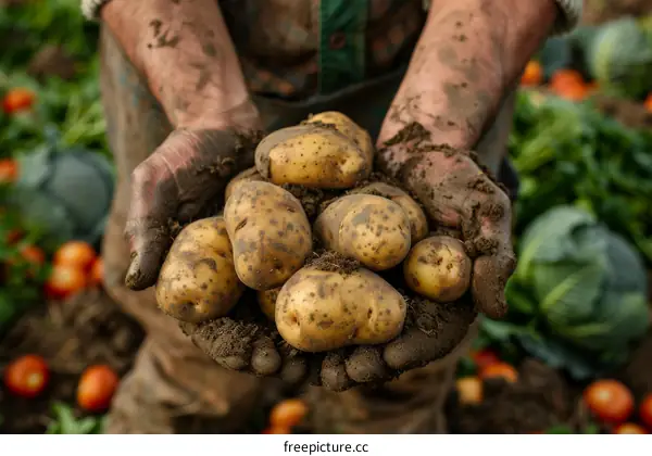 A farmer holding a handful of freshly harvested potatoes